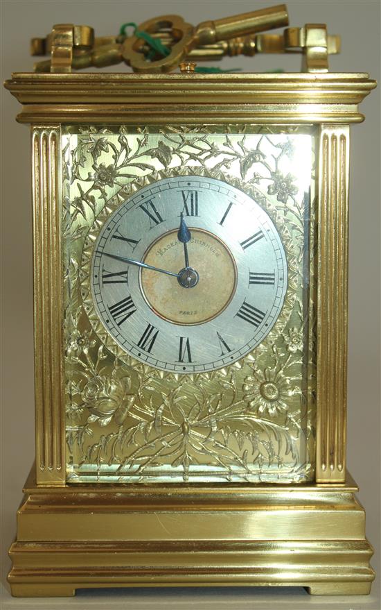 A late 19th century French hour repeating gilt brass carriage clock, 6.25in.